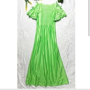 Vintage 1970s 70s Handmade Neon Green Pintucked Short Sleeve Qiana Maxi Dress